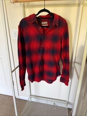 Falls Creek Red and Navy Plaid Casual Button Down Shirt
